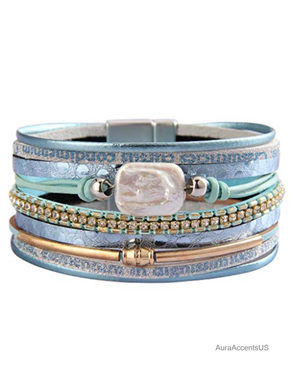Handmade Leather Cuff Bracelet with Baroque Pearl and Gold Tube, Magnetic Clasp
